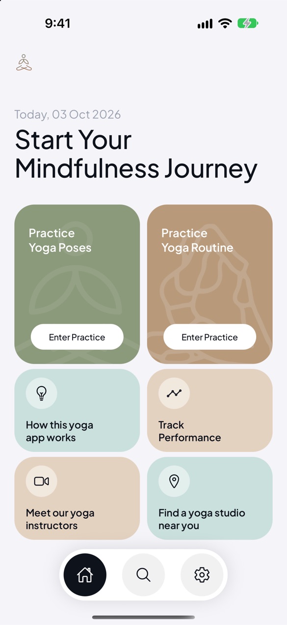 TaiChiAI on iPhone: the home screen with poses, routines, how it works, progress, instructors and studios nearby