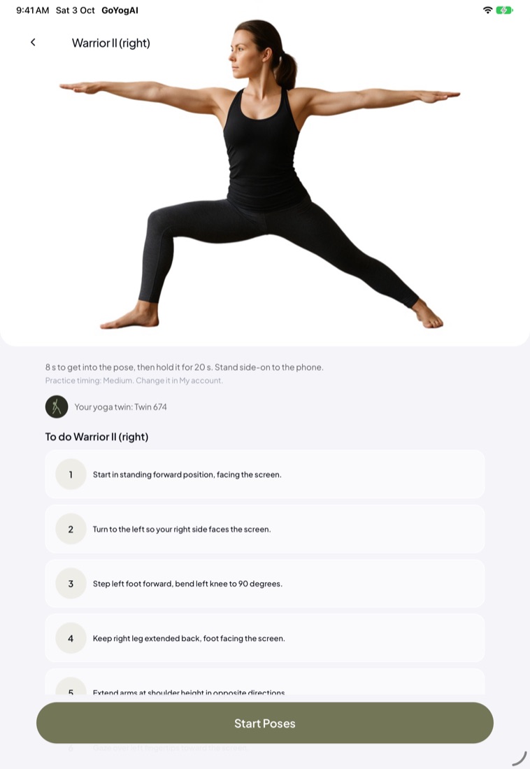 TaiChiAI on iPad: a pose page with its photo, your practice timing and the steps